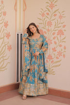 Premium Floral Digital Print Gown with Embroidered Dupatta Set