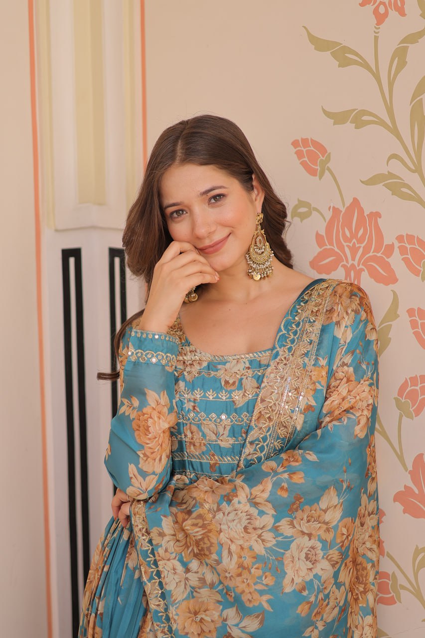 Premium Floral Digital Print Gown with Embroidered Dupatta Set
