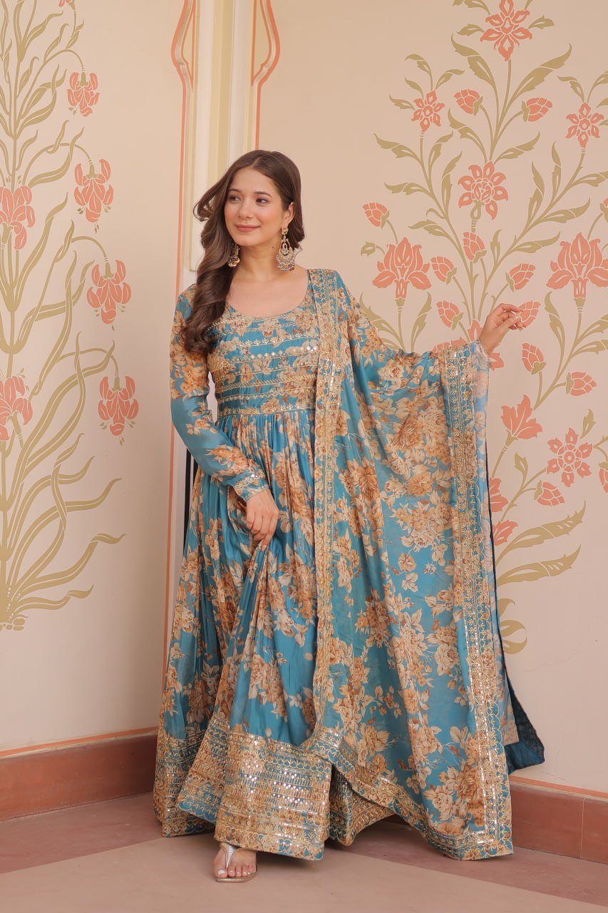 Premium Floral Digital Print Gown with Embroidered Dupatta Set