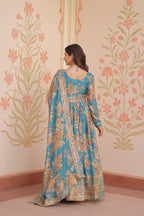Premium Floral Digital Print Gown with Embroidered Dupatta Set