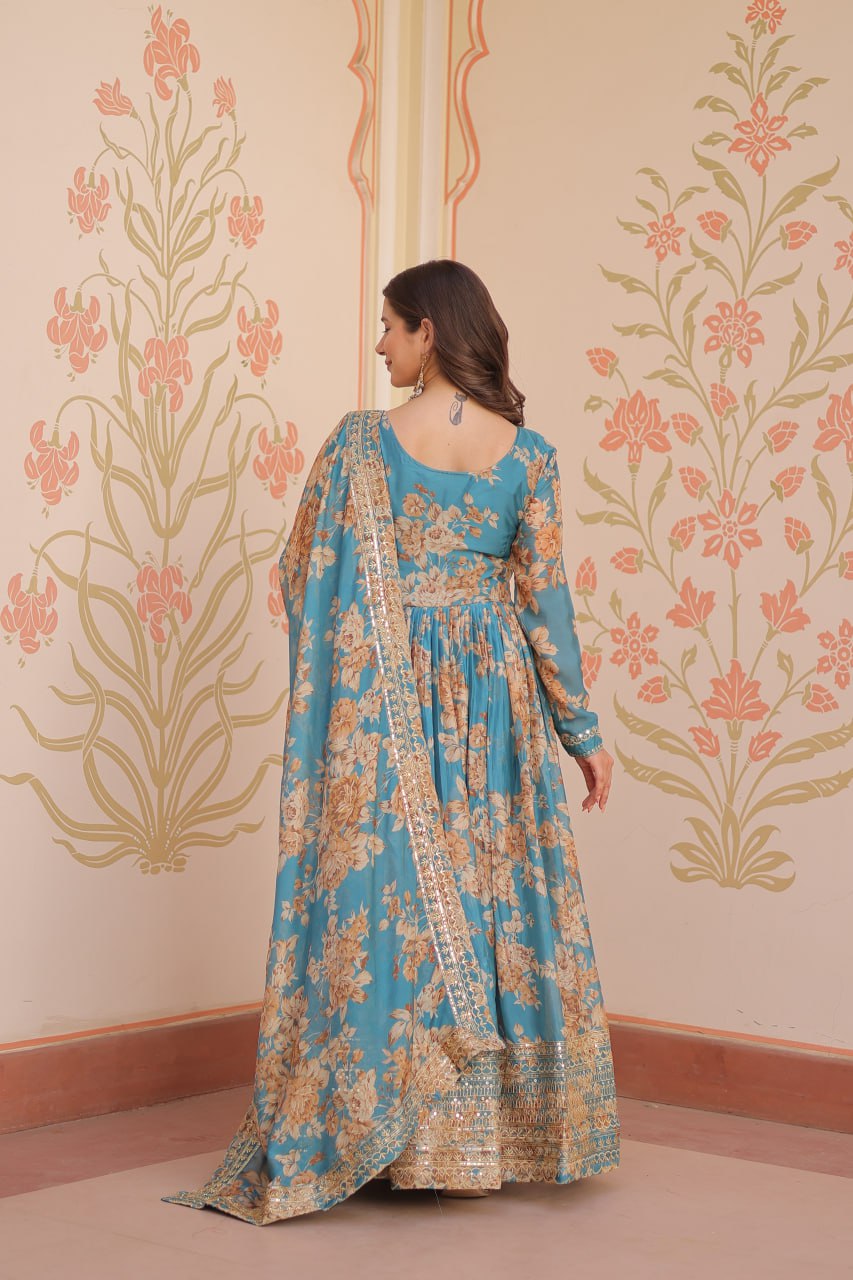 Premium Floral Digital Print Gown with Embroidered Dupatta Set