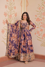 Premium Floral Digital Print Gown with Embroidered Dupatta Set