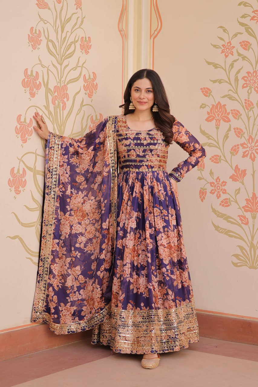 Premium Floral Digital Print Gown with Embroidered Dupatta Set