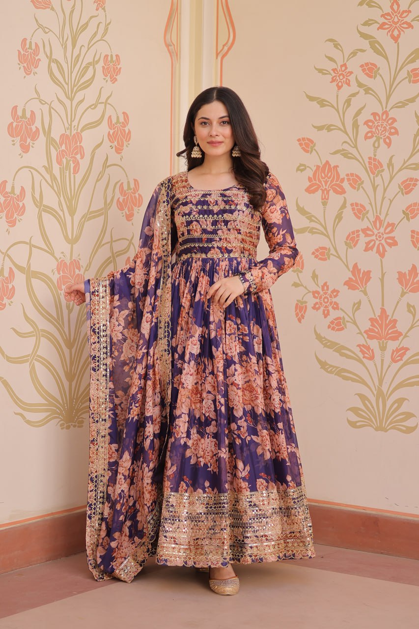 Premium Floral Digital Print Gown with Embroidered Dupatta Set