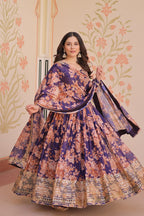 Premium Floral Digital Print Gown with Embroidered Dupatta Set