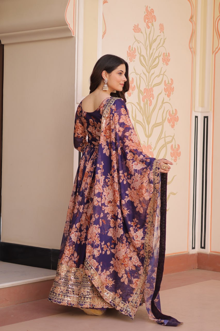 Premium Floral Digital Print Gown with Embroidered Dupatta Set