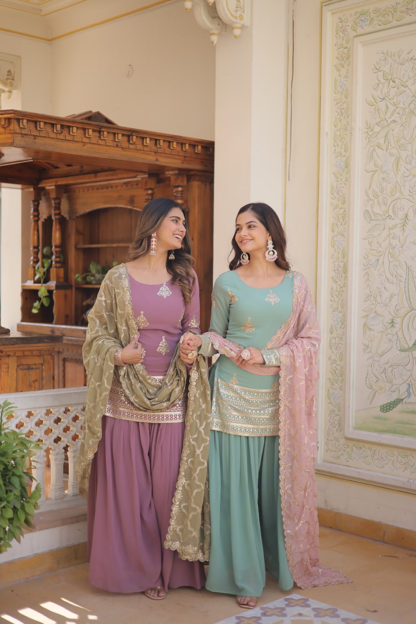 Premium Faux Georgette Embroidered Kurti Plazzo Dupatta Set
