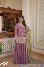 Premium Faux Georgette Embroidered Kurti Plazzo Dupatta Set