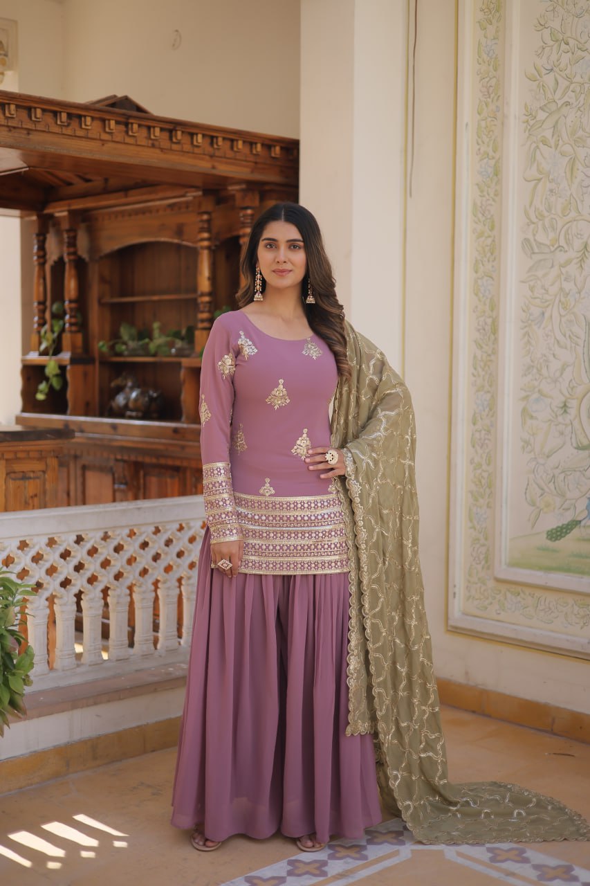 Premium Faux Georgette Embroidered Kurti Plazzo Dupatta Set