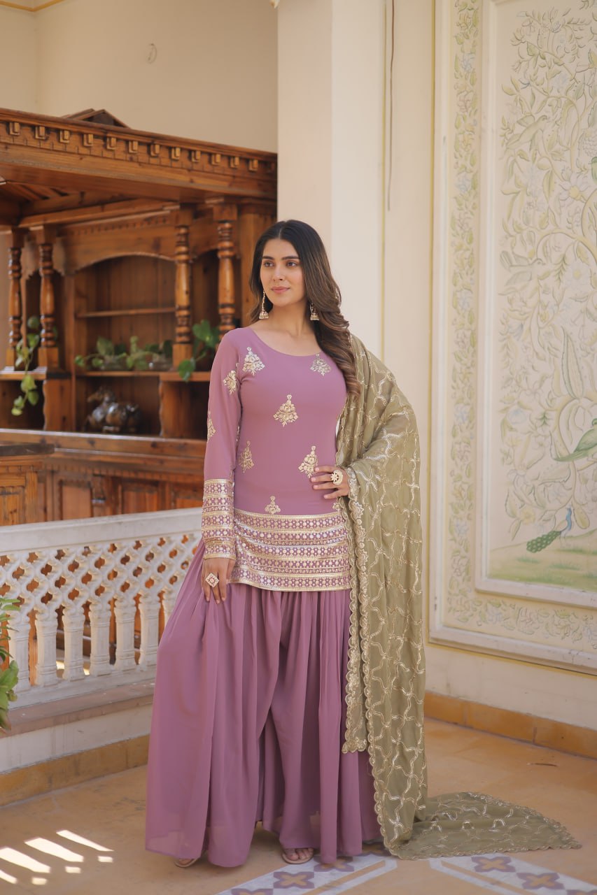 Premium Faux Georgette Embroidered Kurti Plazzo Dupatta Set