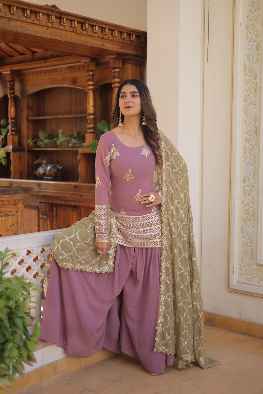Premium Faux Georgette Embroidered Kurti Plazzo Dupatta Set