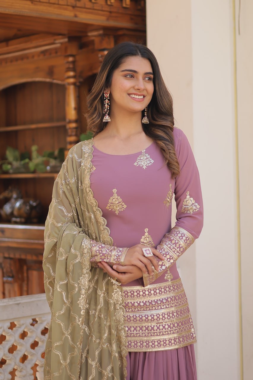 Premium Faux Georgette Embroidered Kurti Plazzo Dupatta Set