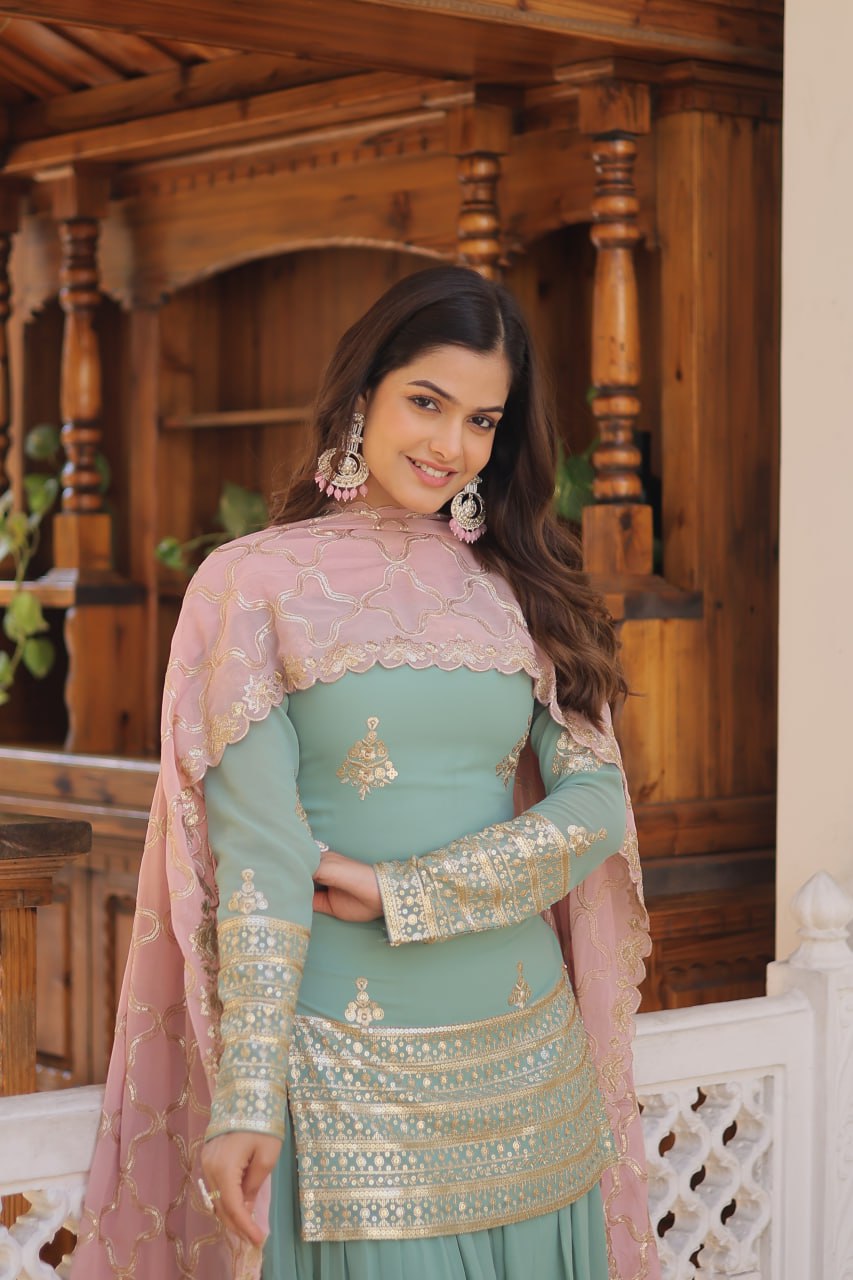 Premium Faux Georgette Embroidered Kurti Plazzo Dupatta Set