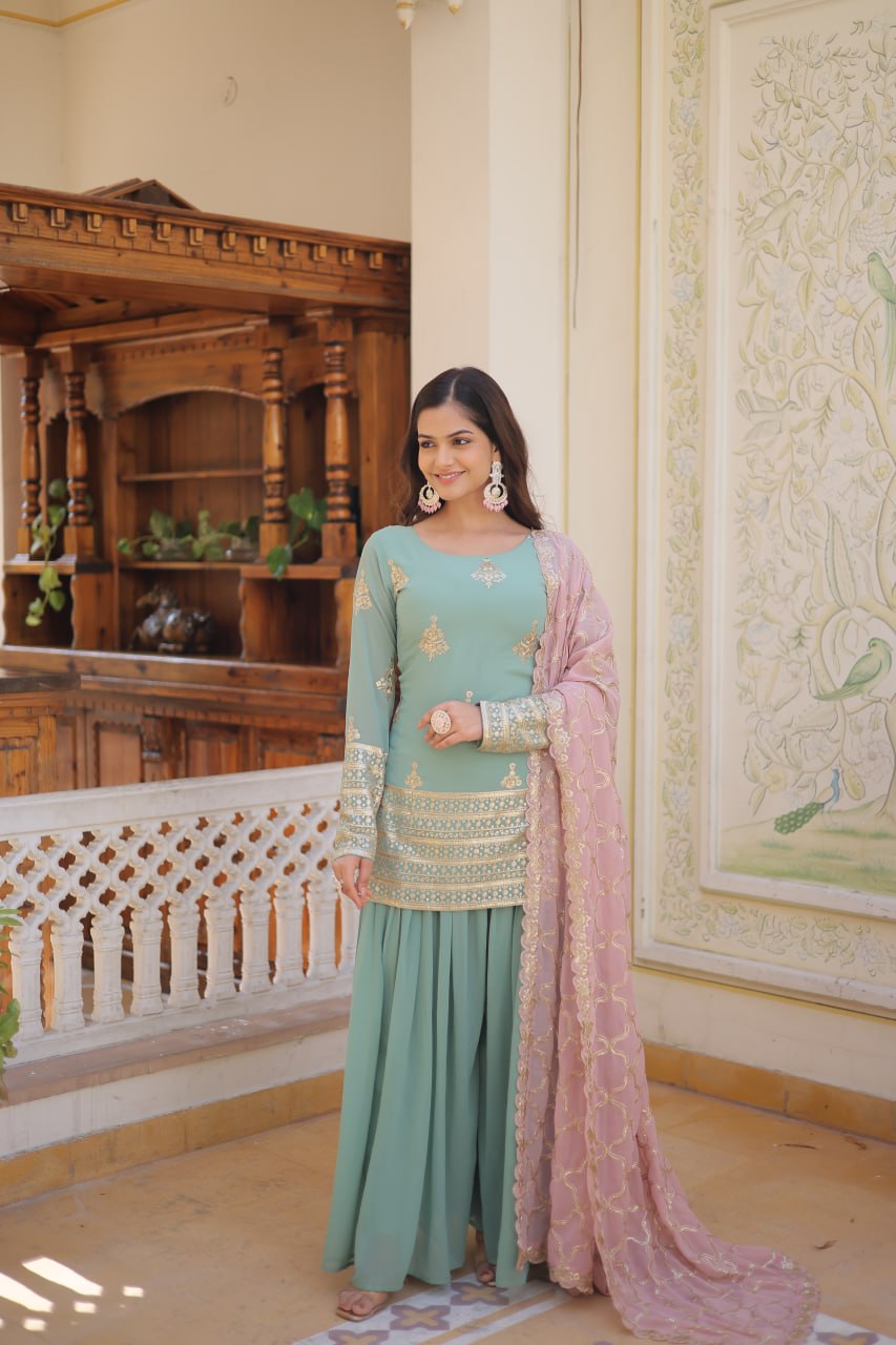 Premium Faux Georgette Embroidered Kurti Plazzo Dupatta Set