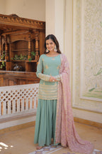 Premium Faux Georgette Embroidered Kurti Plazzo Dupatta Set