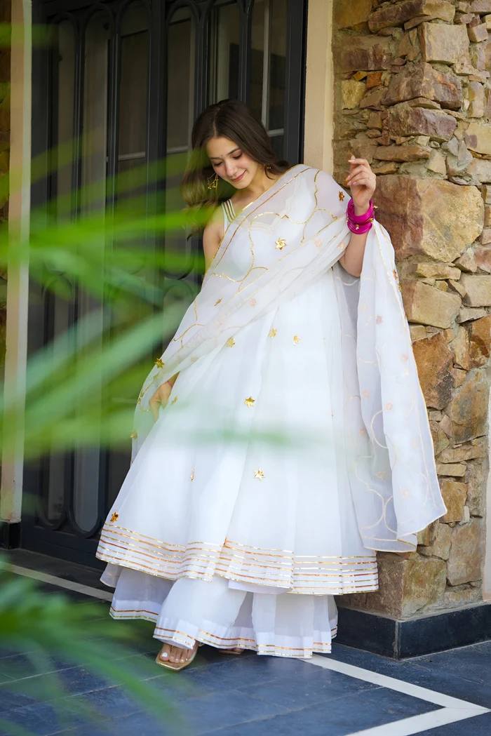 Designer White Ribbon Embroidered Anarkali Suit Set
