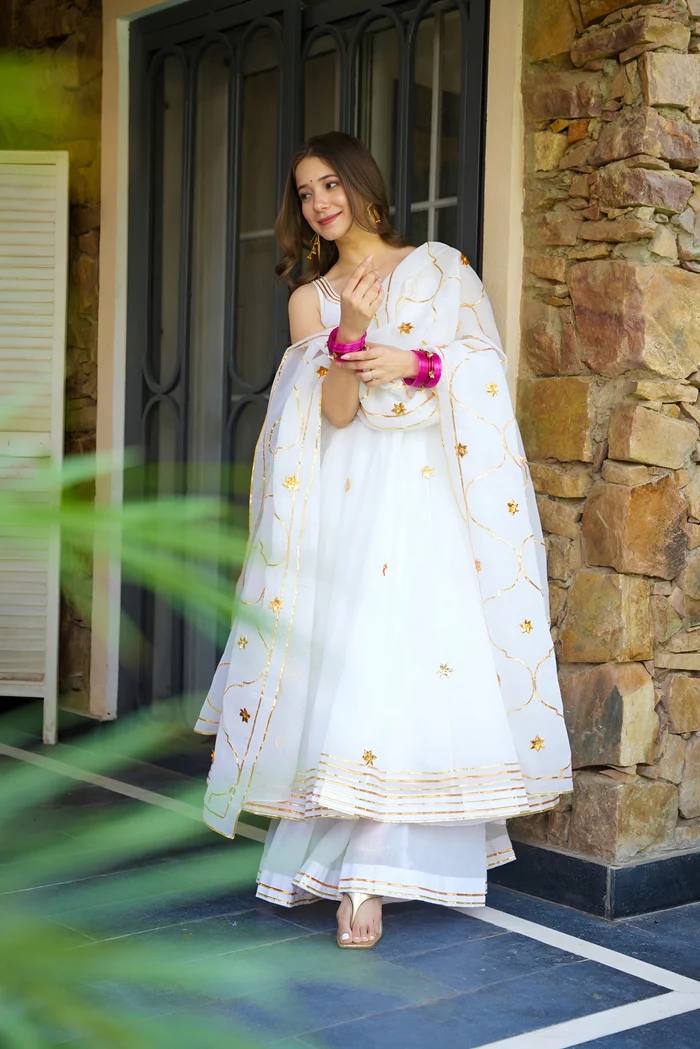 Designer White Ribbon Embroidered Anarkali Suit Set