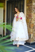 Designer White Ribbon Embroidered Anarkali Suit Set