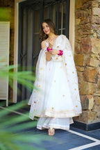 Designer White Ribbon Embroidered Anarkali Suit Set