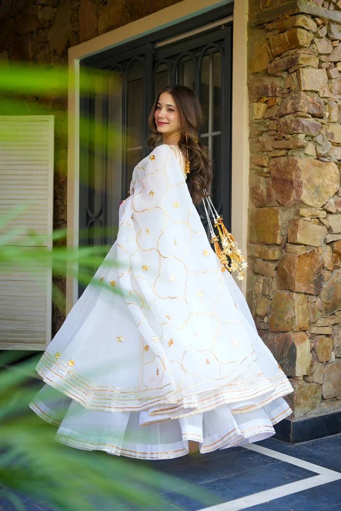 Designer White Ribbon Embroidered Anarkali Suit Set