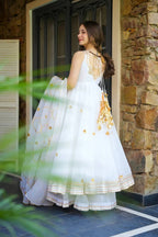 Designer White Ribbon Embroidered Anarkali Suit Set