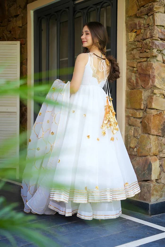 Designer White Ribbon Embroidered Anarkali Suit Set