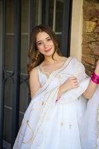 Designer White Ribbon Embroidered Anarkali Suit Set
