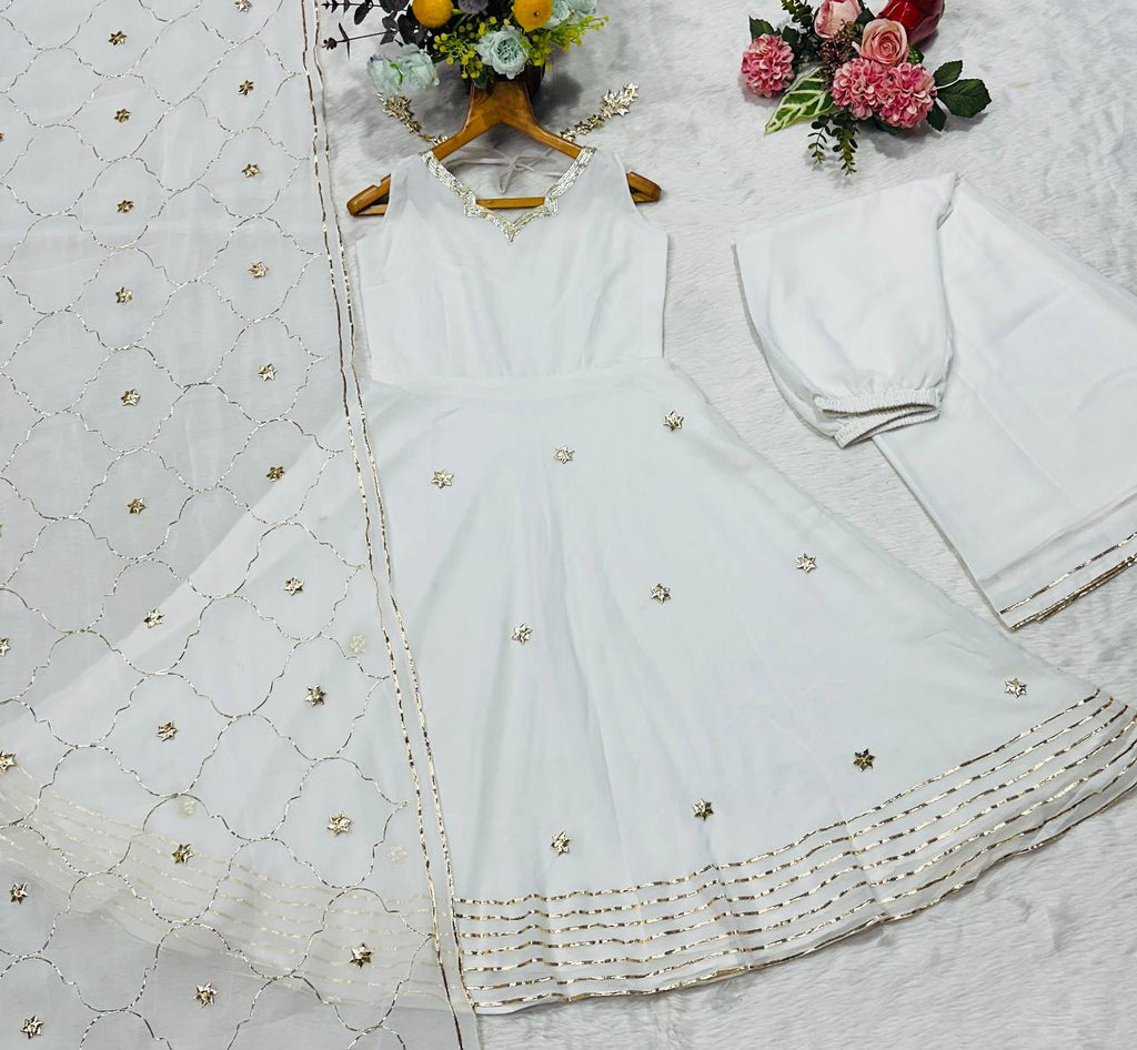Designer White Ribbon Embroidered Anarkali Suit Set