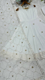 Designer White Ribbon Embroidered Anarkali Suit Set