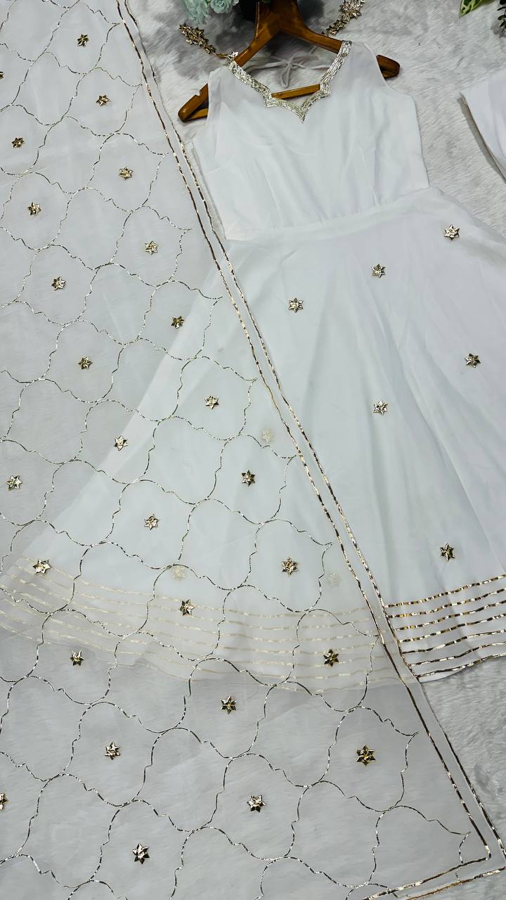 Designer White Ribbon Embroidered Anarkali Suit Set