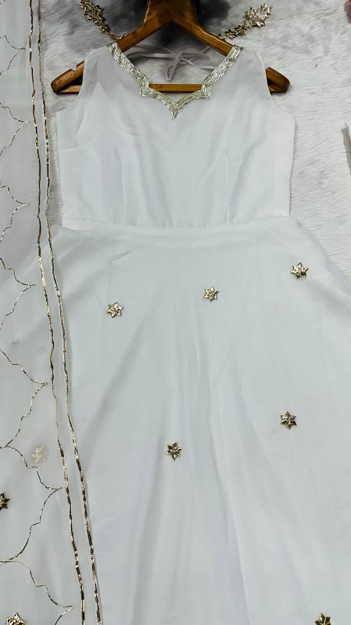 Designer White Ribbon Embroidered Anarkali Suit Set