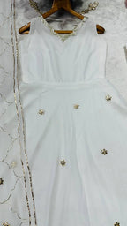 Designer White Ribbon Embroidered Anarkali Suit Set