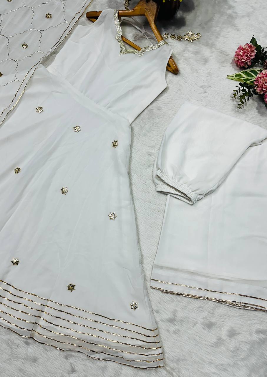 Designer White Ribbon Embroidered Anarkali Suit Set