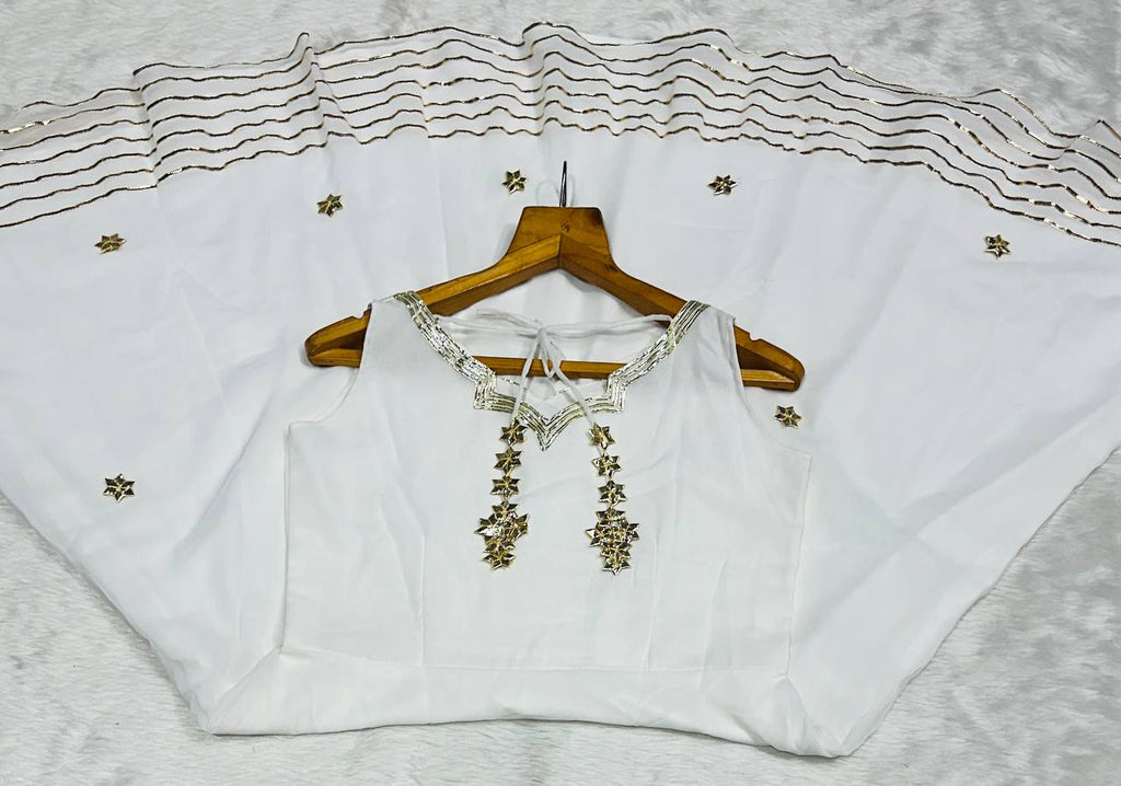 Designer White Ribbon Embroidered Anarkali Suit Set