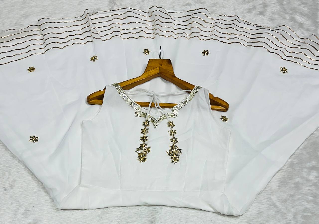 Designer White Ribbon Embroidered Anarkali Suit Set