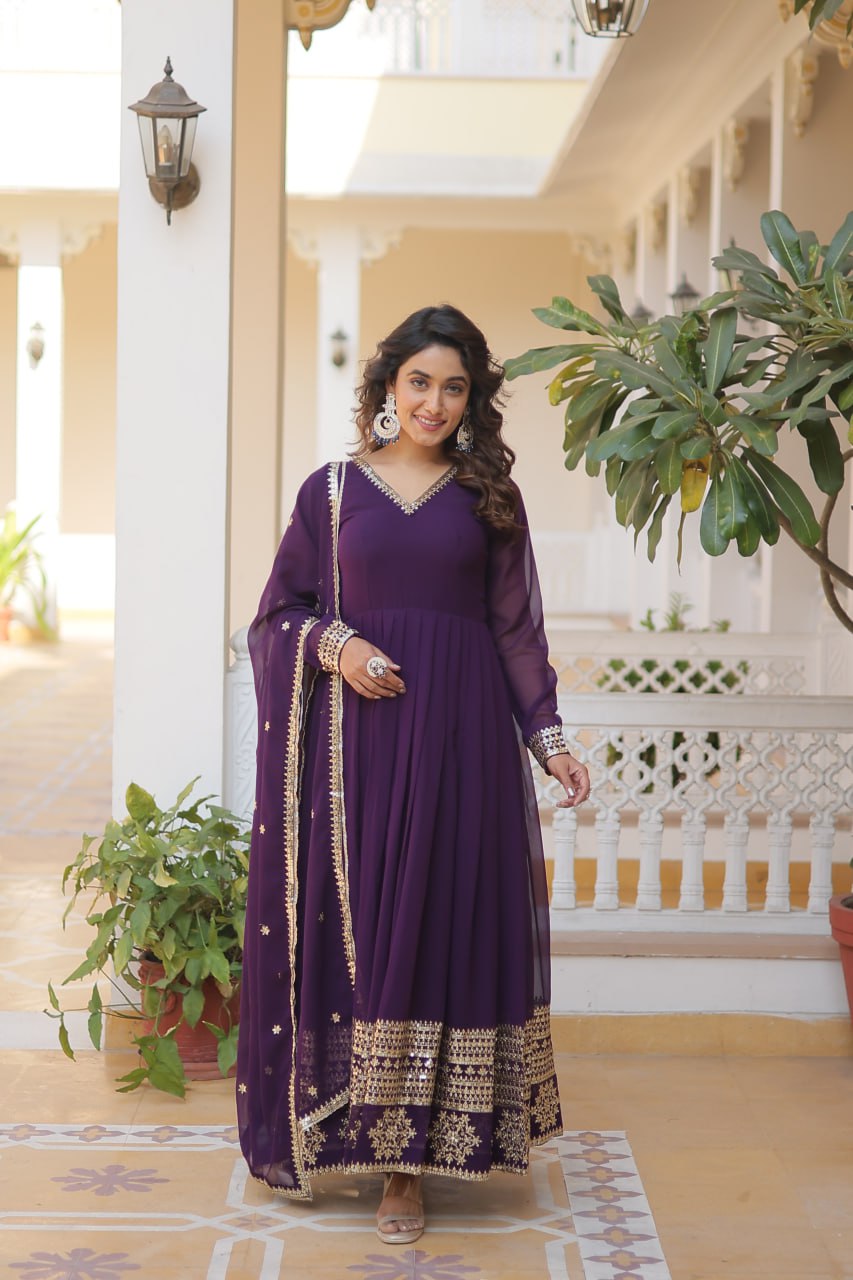 Pink And Wine Party Wear Embroidered Gown with Dupatta