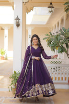 Pink And Wine Party Wear Embroidered Gown with Dupatta