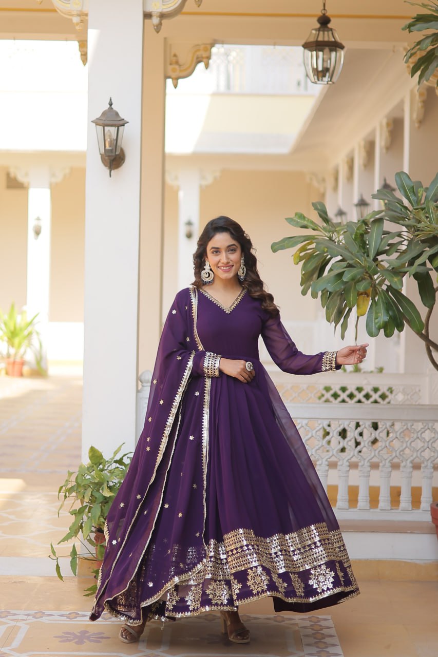 Pink And Wine Party Wear Embroidered Gown with Dupatta