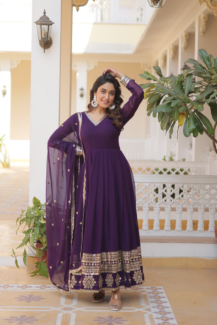 Pink And Wine Party Wear Embroidered Gown with Dupatta