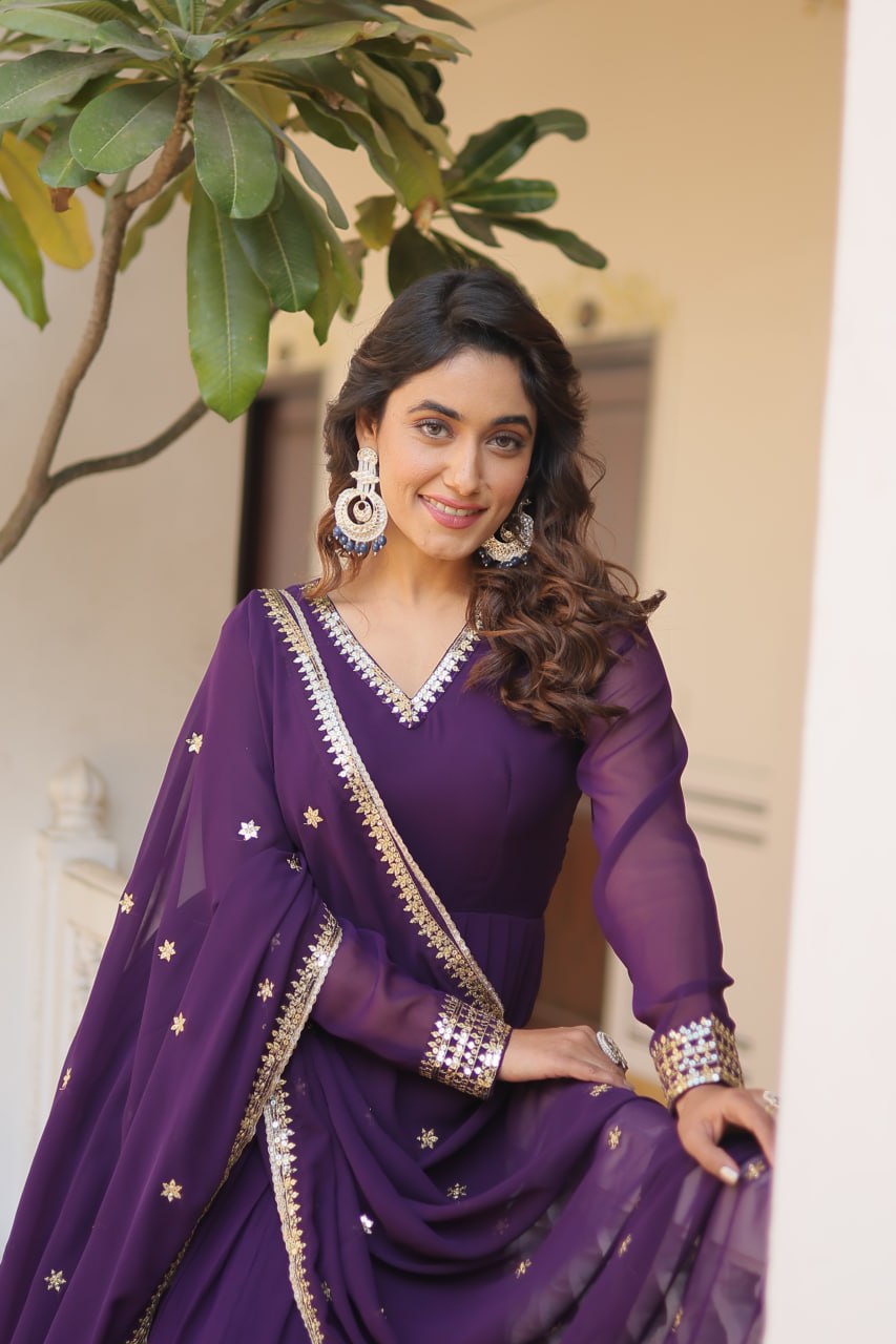 Pink And Wine Party Wear Embroidered Gown with Dupatta