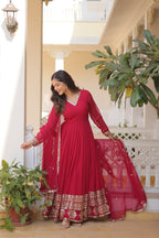Pink And Wine Party Wear Embroidered Gown with Dupatta