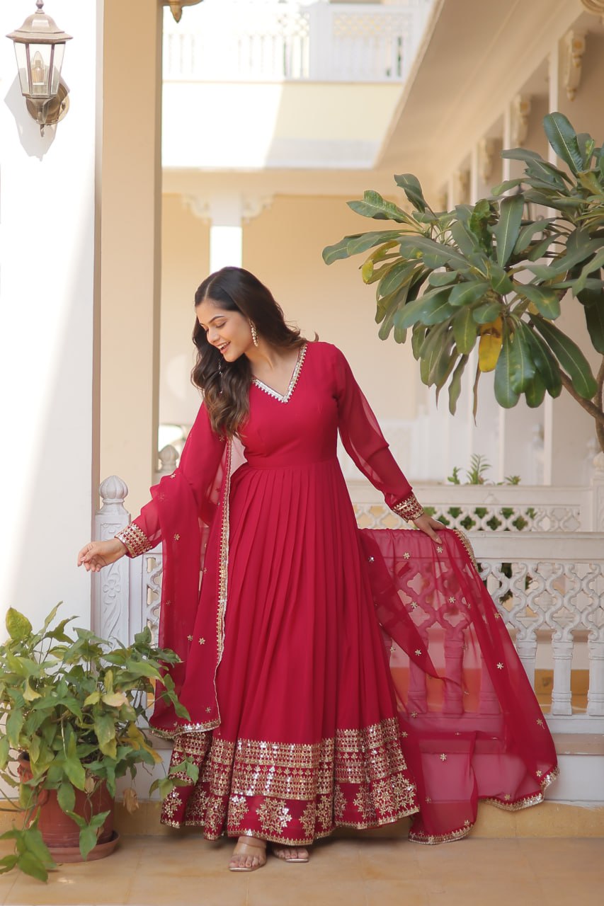 Pink And Wine Party Wear Embroidered Gown with Dupatta