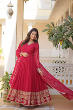 Pink And Wine Party Wear Embroidered Gown with Dupatta