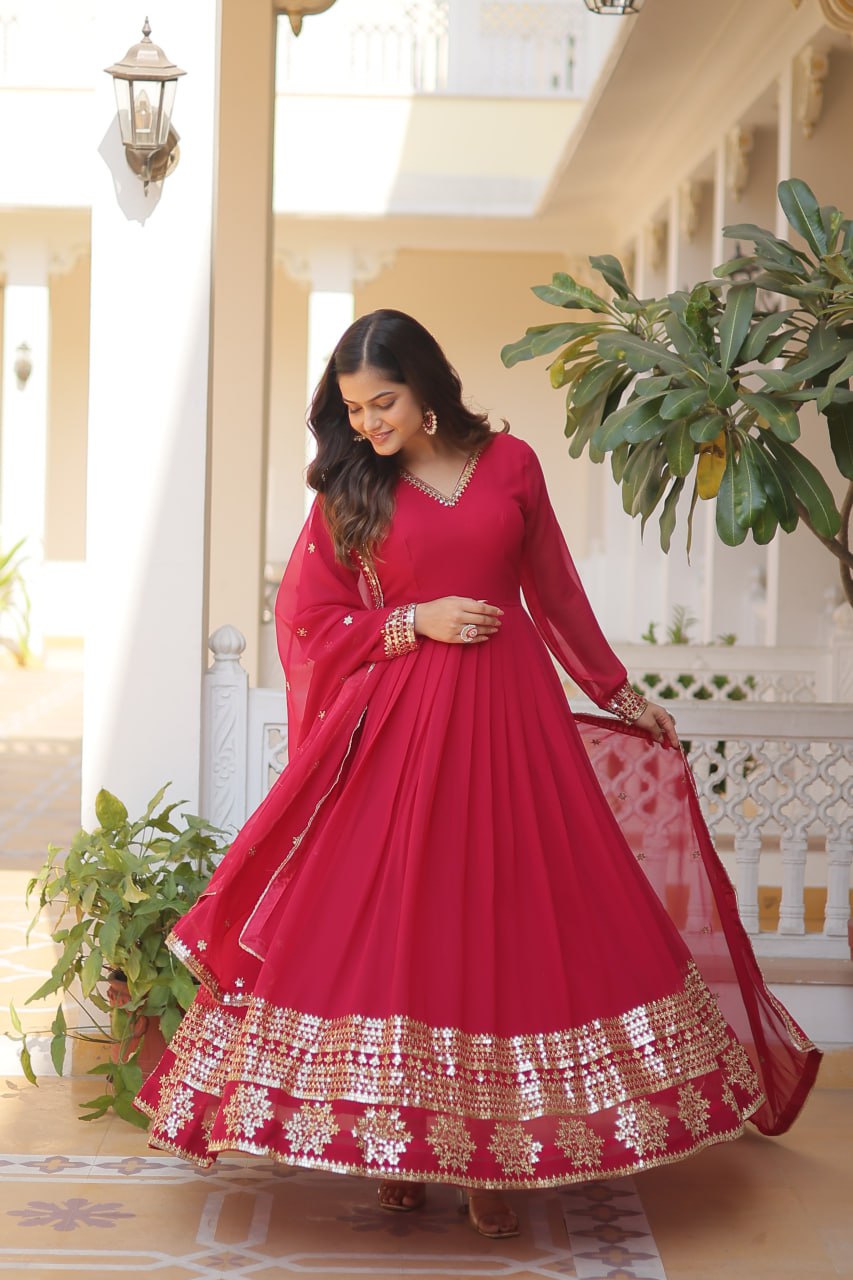 Pink And Wine Party Wear Embroidered Gown with Dupatta