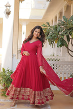 Pink And Wine Party Wear Embroidered Gown with Dupatta