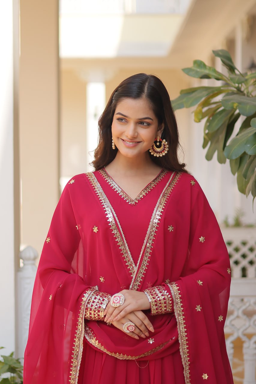 Pink And Wine Party Wear Embroidered Gown with Dupatta