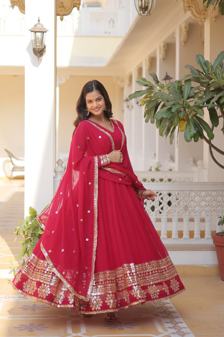 Pink And Wine Party Wear Embroidered Gown with Dupatta