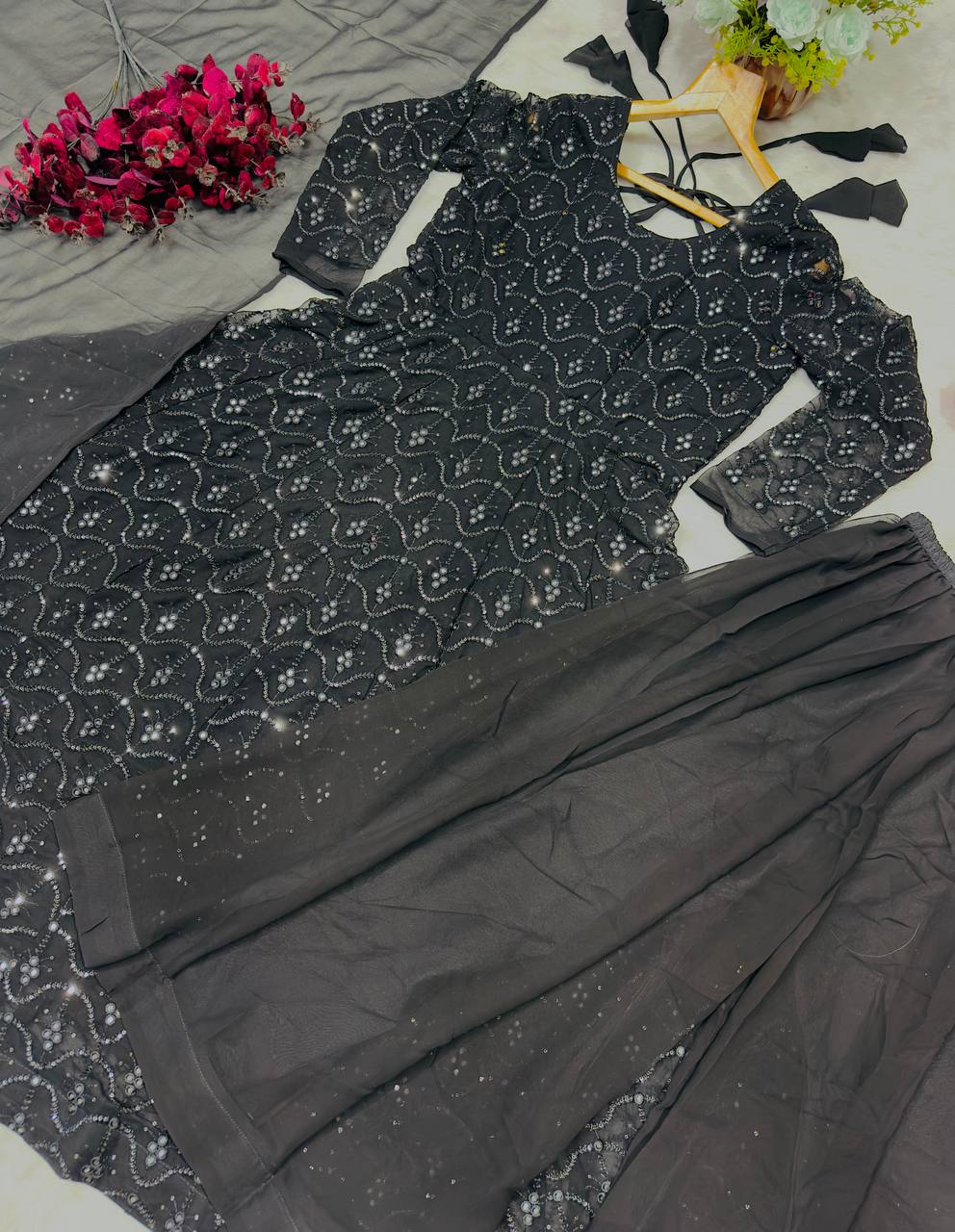 Premium Black Sequins Embroidered Anarkali Suit Set with Sharara