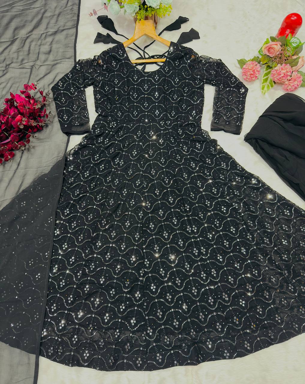 Premium Black Sequins Embroidered Anarkali Suit Set with Sharara