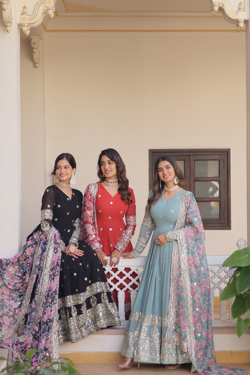 Premium Faux Georgette Embroidered Gown With Designer Dupatta